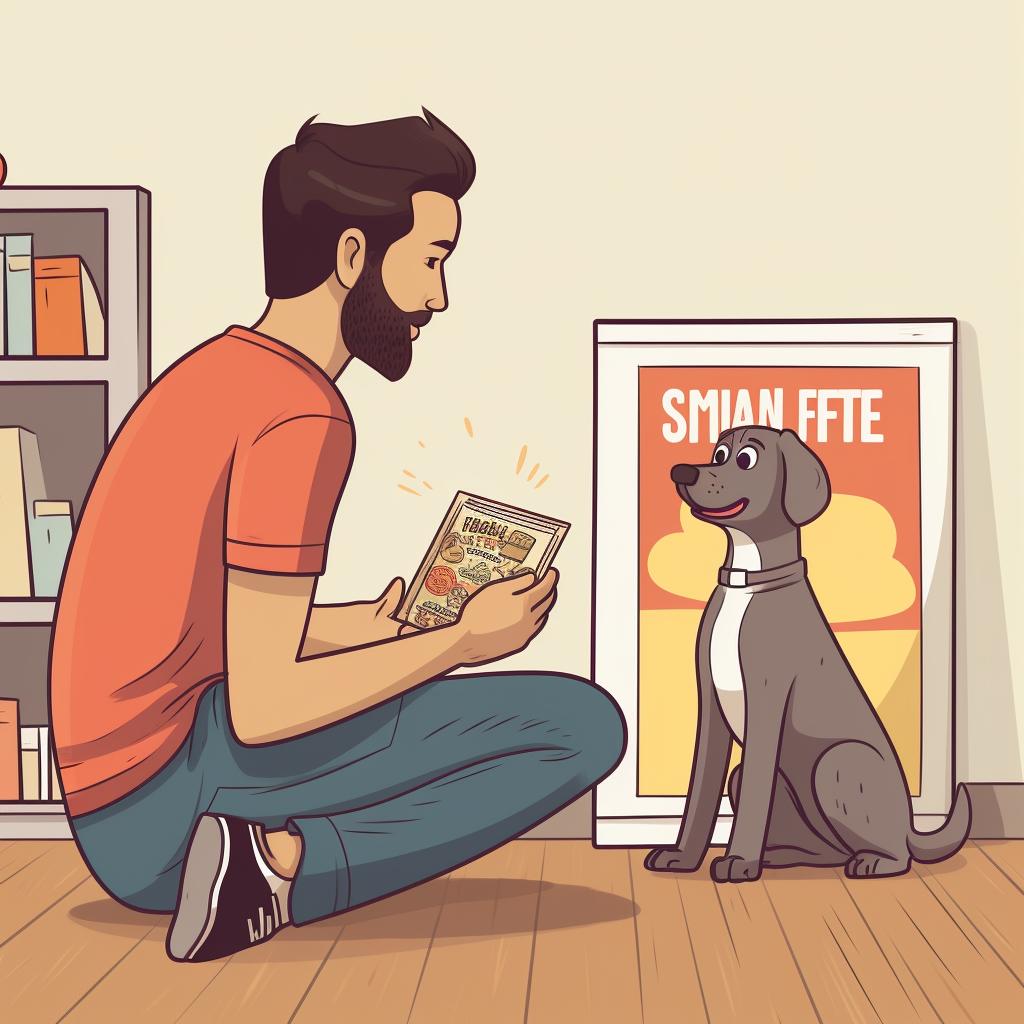 A Doodle owner reading the label of a high-quality dog food package