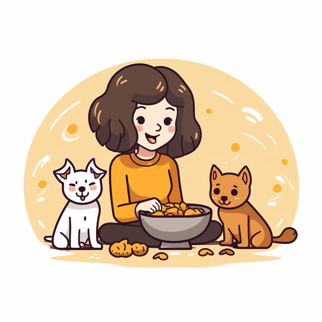 A Doodle owner mixing old and new dog food in a bowl