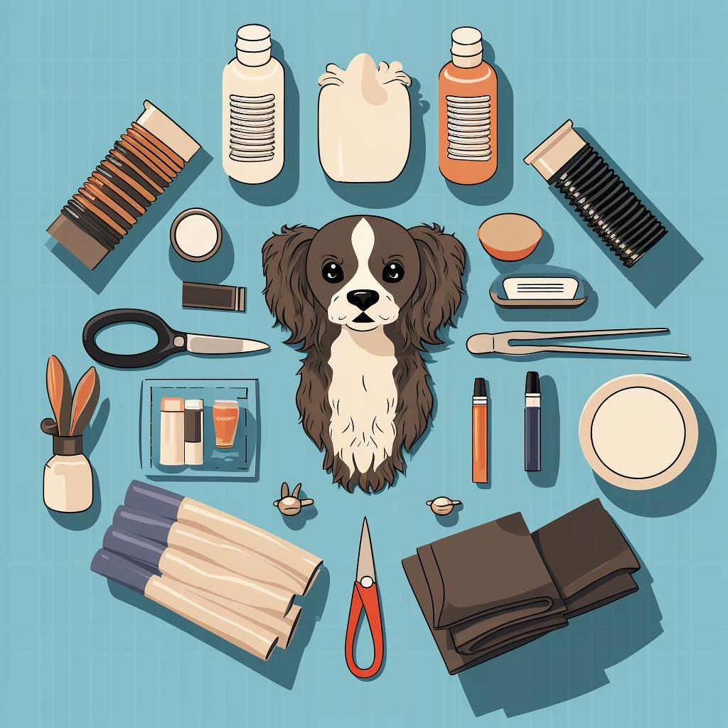 Dog grooming supplies arranged on a table