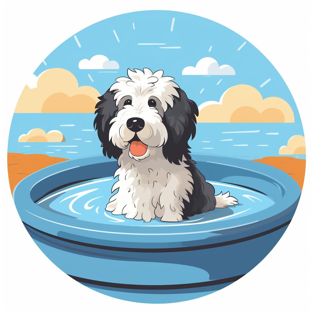 Sheepadoodle stepping into a shallow kiddie pool