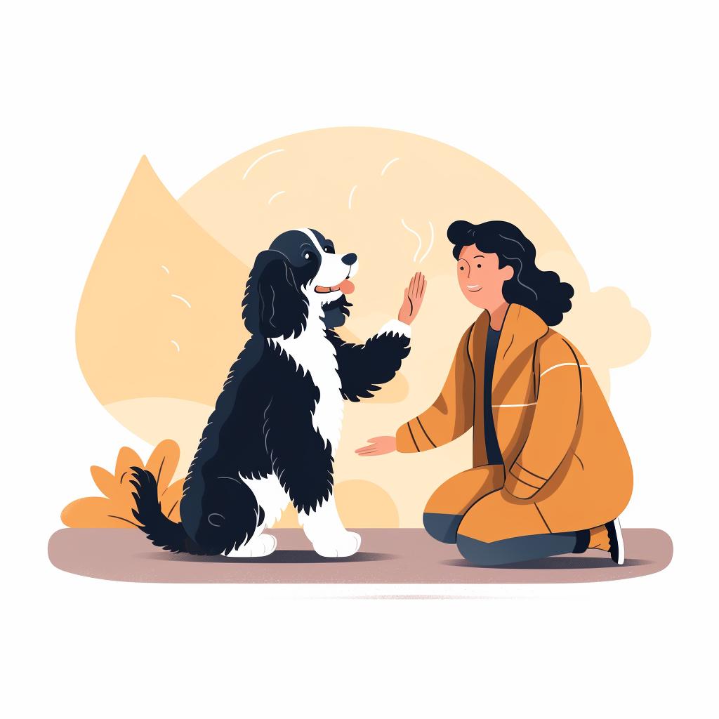 An owner teaching their Bernedoodle the 'Quiet' command
