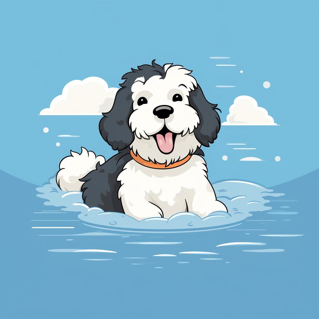 Sheepadoodle playing with a floating toy in water