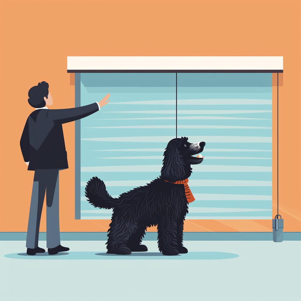 An owner closing the blinds to prevent their Bernedoodle from barking at passersby