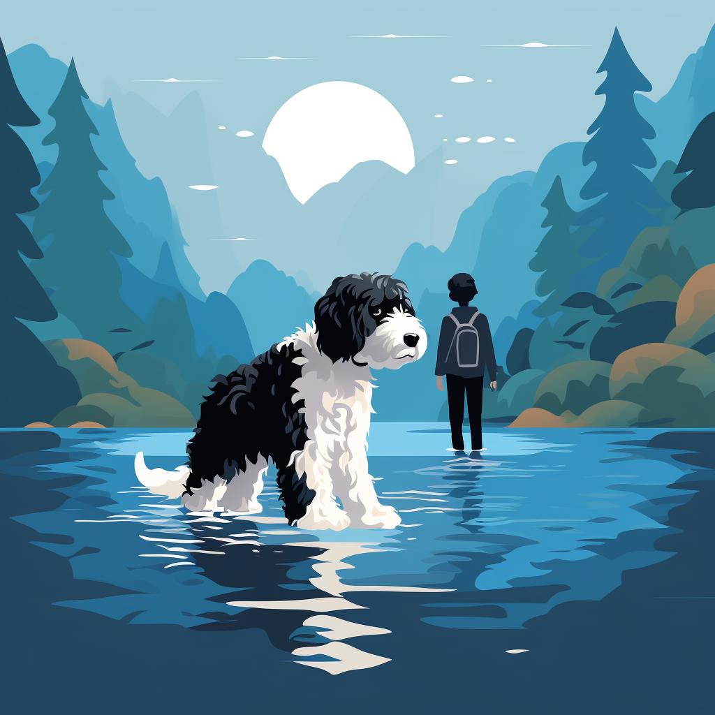 Sheepadoodle venturing into deeper water with owner nearby
