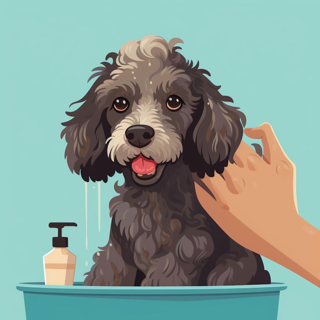 Shampoo being applied to an Aussiedoodle's coat