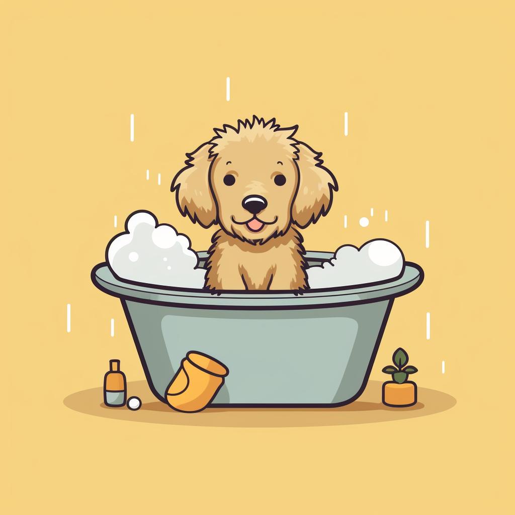 Mini Golden Doodle being gently placed into a bath tub