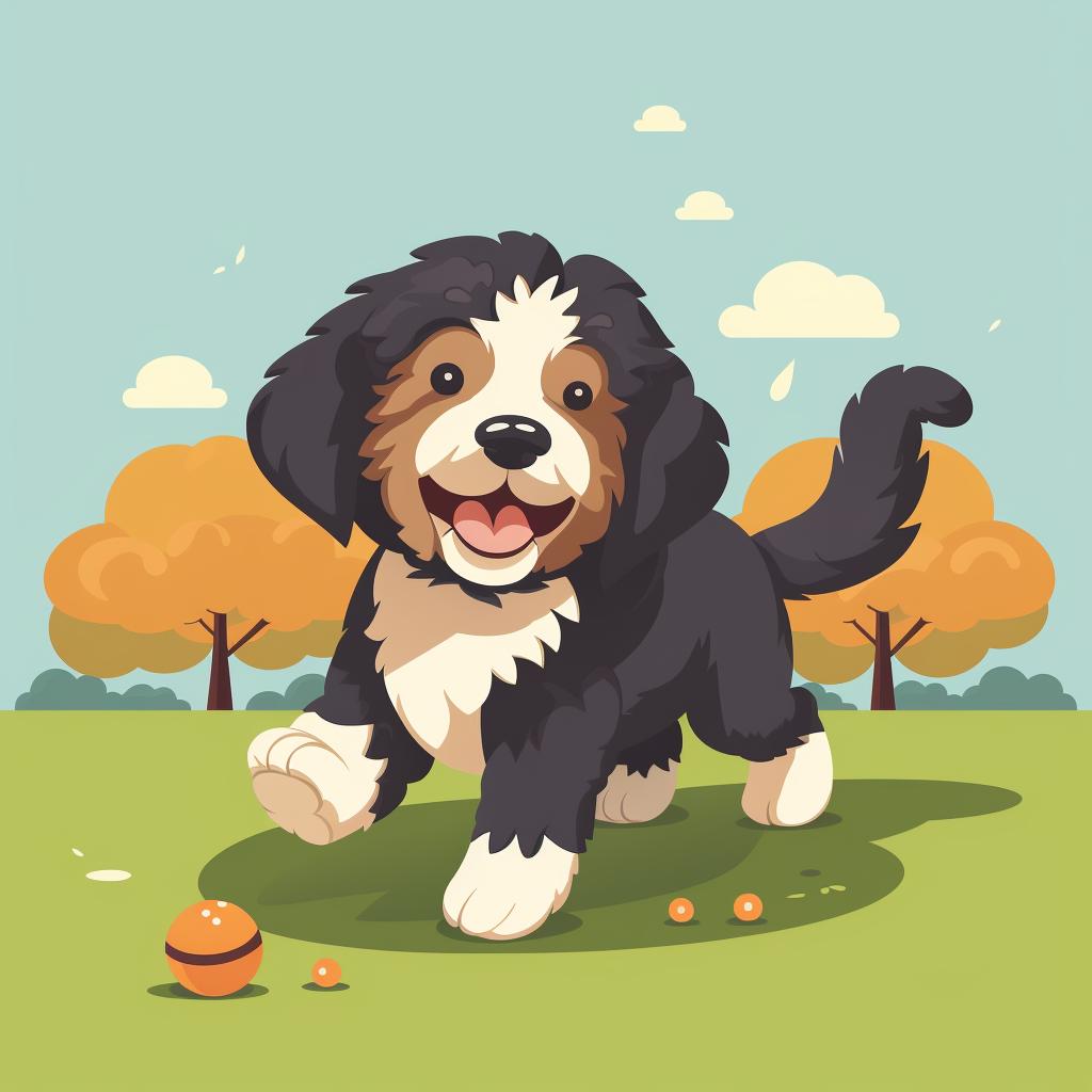 A happy Bernedoodle playing fetch in the park