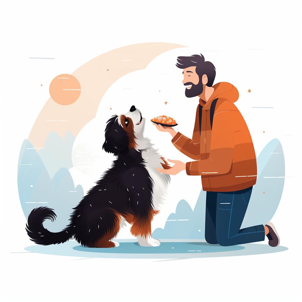 An owner rewarding their Bernedoodle with a treat for good behavior