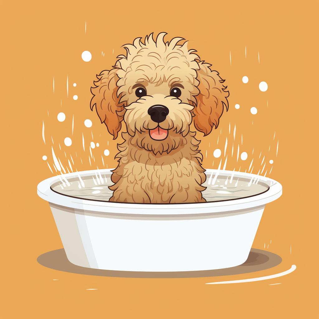 Mini Golden Doodle being rinsed with water in a bath tub