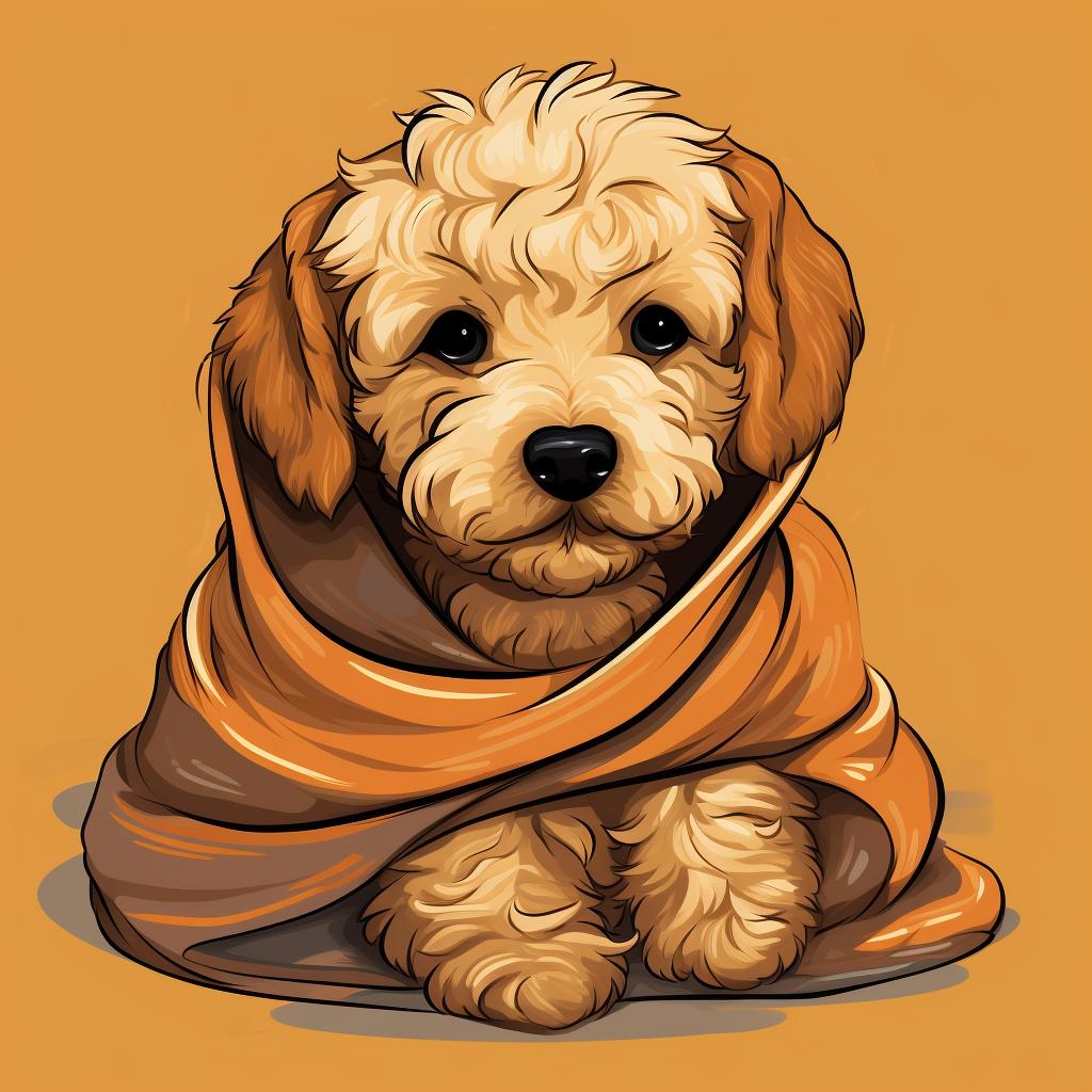 Mini Golden Doodle wrapped in a towel after a bath