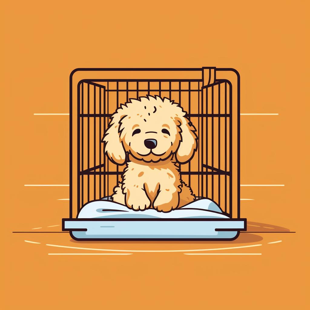 Golden doodle puppy in a comfortable crate