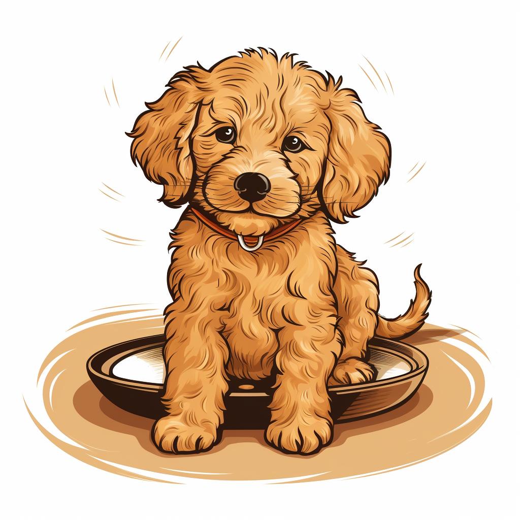 Golden doodle puppy eating from a bowl