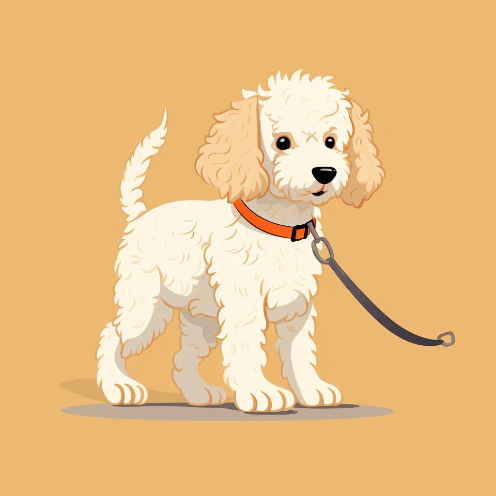 Golden doodle puppy walking on a leash